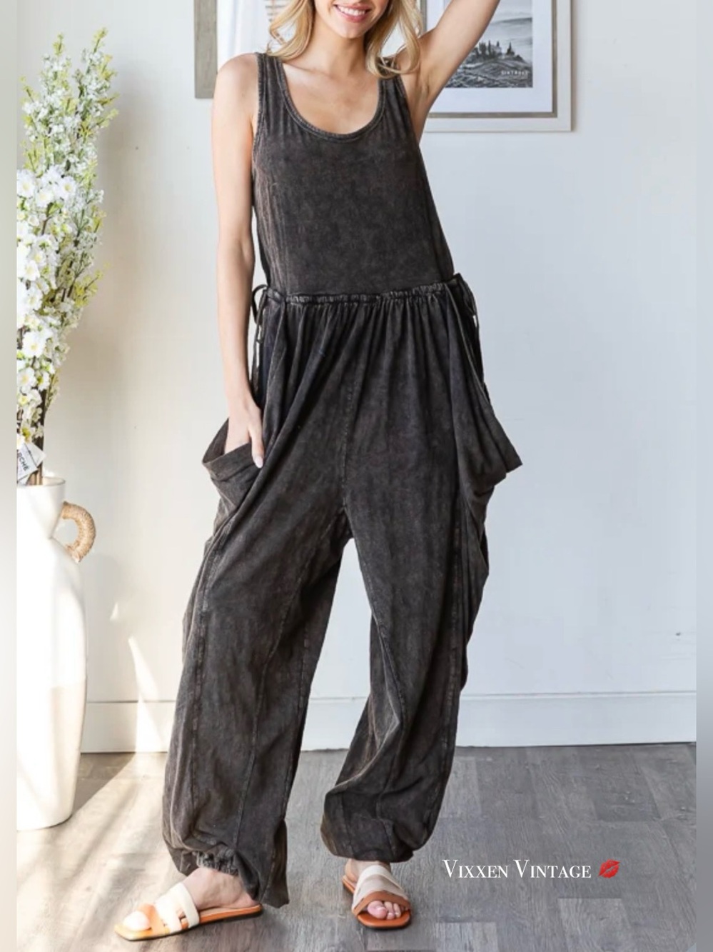 OLI & HALI DROP CROTCH 'WASHED WIDE LEG DRAWSTRING DETAIL JUMPSUIT' IN BLACK